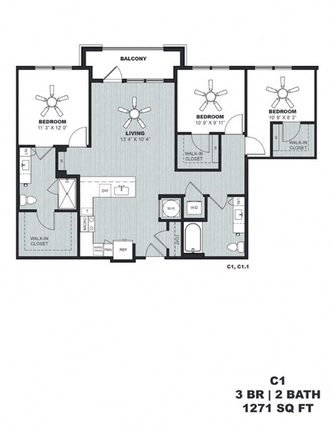 Floor plan for 3 beds, 2 baths, 1271 sqft
